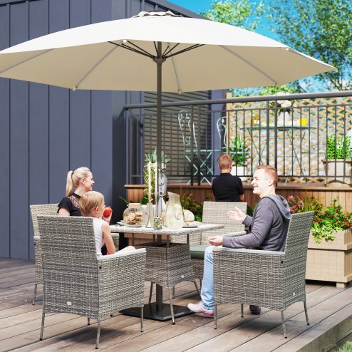 Outsunny Rattan Dining Set, 4 Seater Rattan Garden Furniture Set with 50mm Parasol Hole, Outdoor Garden Table and Chairs with Cushions, Slatted Wood Tabletop for Patio, Conservatory, Grey