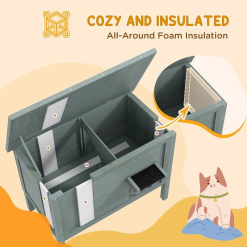 PawHut Outdoor Cat House, Feral Insulate Wooden Kitten House with Removable Floor, Water-Resistant Openable Roof, 85 x 50 x 68.5cm - Charcoal Grey