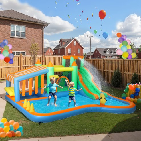AIYAPLAY Bouncy Castle, Inflatable Bounce House Trampoline with 680W Blower, Water Slide, Splash Pool, Basketball Hoop, Ball Pits, Climbing Wall, Water Gun, Ring Toss, for Kids Outdoor Indoor