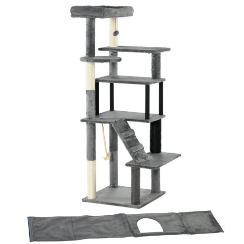 PawHut 148cm Cat Tree for Indoor Cats with Scratching Post, Cat Tower for Two Cats, with Cat House, Bed, Toy, Grey