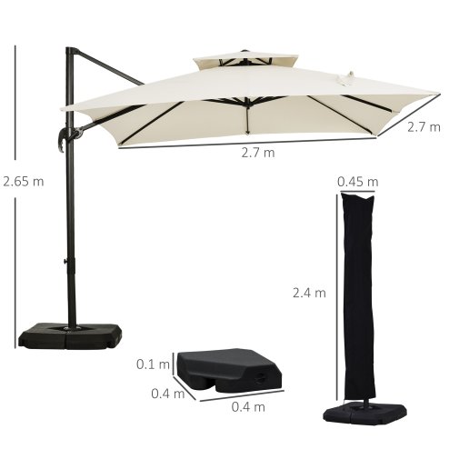 Outsunny 2.7 x 2.7(m) Cantilever Parasol with Aluminium Frame, Crank and Tilt, 360-Degree Rotation, Double Top Garden Umbrella with Base and Cover, Beige