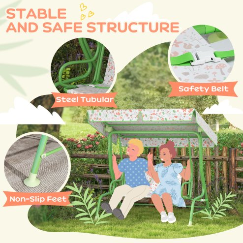 AIYAPLAY Kids Garden Swing Seat, Outdoor Swing Chair with Adjustable Canopy, Safety Belt, 2 Seater Hammock Swing Bench for Patio, Porch, Garden, Green