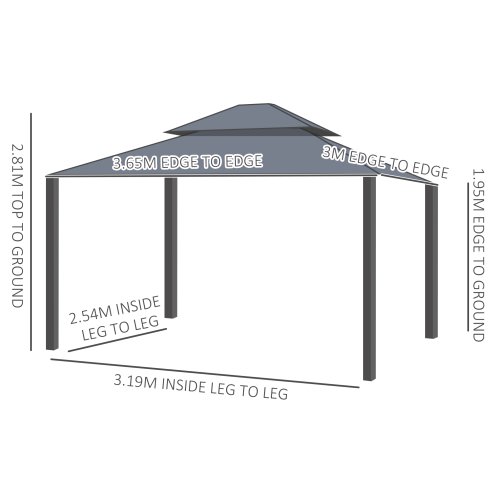 Outsunny 3 x 3.7m Outdoor Hardtop Gazebo Canopy Aluminium Frame with 2-Tier Roof & Mesh Netting Sidewalls for Patio, Dark Grey