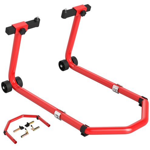 HOMCOM Motorcycle Stand Lift, 390 kg Capacity Convertible Front/Rear Motorbike Motorcycle Paddock Lift Stand with Adjustable U+L Fork Pin Adaptors, Wheels, Clamping Clips, Red