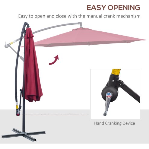Outsunny 3(m) Garden Banana Parasol Hanging Cantilever Umbrella with Crank Handle and Cross Base for Outdoor, Sun Shade, Wine Red