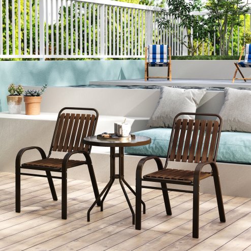 Outsunny 3 Pieces Patio Bistro Set, Garden Furniture Set with Stackable Chairs, Tempered Glass Table, Rust Resistant for Outdoor, Balcony, Patio, Garden, Dark Brown