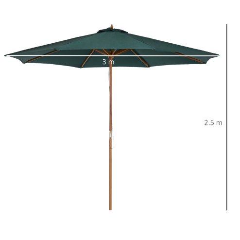 Outsunny 3(m) Garden Parasol, Pulley Operated Patio Umbrella, Wooden Parasol, Table Market Umbrella with Rope Pulley Mechanism and 8 Ribs, Dark Green
