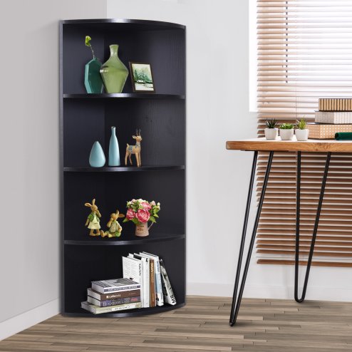 HOMCOM 4-Tier Corner Open Shelf Bookcase Freestanding Fan Bookshelf Plants Stand, 40x40x120cm, Black