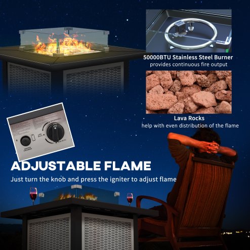 Outsunny Square Propane Gas Fire Pit Table, 50000 BTU Rattan Smokeless Firepit Patio Heater with Glass Screen, Glass Beads and Lid, 81cm x 81cm x 64cm, Grey