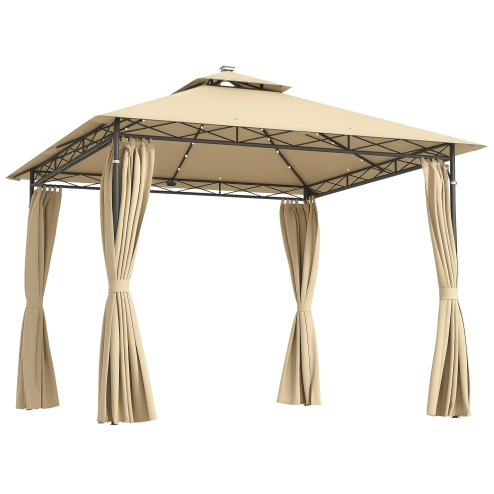 Outsunny 3 x 3 m Garden Gazebo, Double Roof Metal Gazebo with Curtains and Solar-Powered LED Lights, Outdoor Canopy Shelter for Patio, Deck, Beige