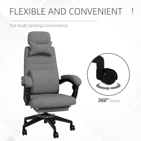 Vinsetto Office Chair, Ergonomic Desk Chair, High Back Fabric Work Chair with 160° Reclining Backrest, Retractable Footrest, Neck and Lumbar Pillow for Home and Study, Dark Grey