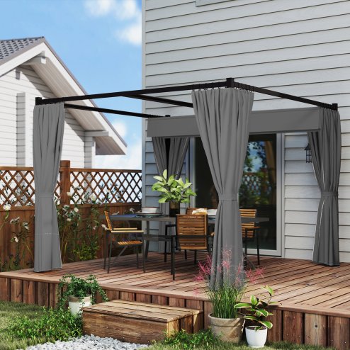 Outsunny 3 x 3(m) Pergola with Retractable Roof Canopy and Curtains, Metal Frame Garden Gazebo Outdoor Sun Shade Shelter for Grill, Patio, Deck, Light Grey