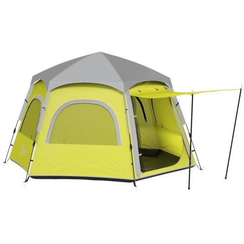 Outsunny Instant Camping Tent, 2/3/4 Person Easy Setup Dome Family Tent with Vestibule, Rainfly, 4 Mesh Windows & 2 Doors, Hexagonal Design, Waterproof & UV Protected, Yellow Green