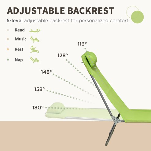 Outsunny Set of 2 Outdoor Foldable Sun Loungers, Adjustable Backrest Garden Recliner Sun Lounger Chair with Headrest Pillow, Green