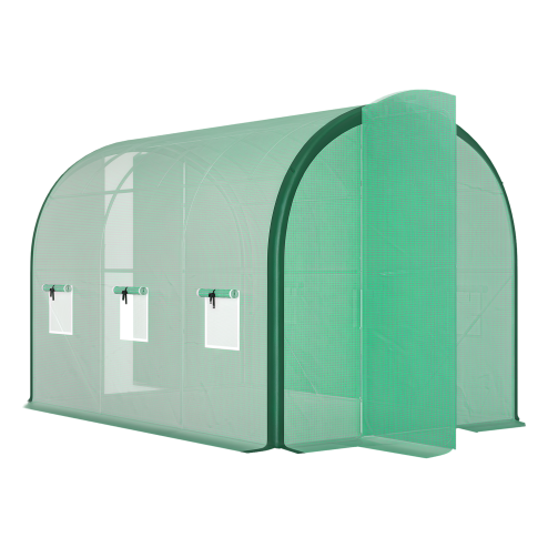 Outsunny 3 x 2(m) Walk-in Polytunnel Greenhouse with Upgraded Structure, 2 Hinged Doors, 6 Mesh Windows, Tunnel Warm House Tent with UV-resistant PE Cover, Green