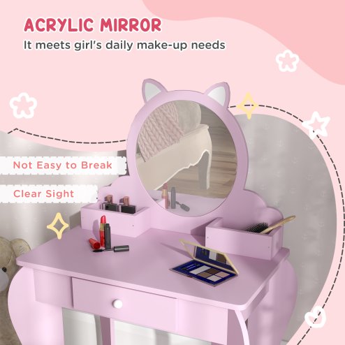 ZONEKIZ Kids Dressing Table, Kids Vanity Table, Girls Dressing Table with Mirror, Stool, Drawer, Storage Boxes, Cat Design, for Ages 3-6 Years - Pink
