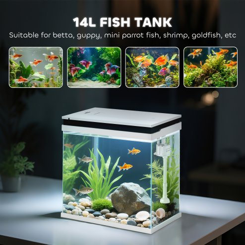 PawHut Fish Tank, 14L Glass Aquarium with Filter System, LED Lights, Water Pump, Betta Fish Tank for Goldfish, Shrimps, White