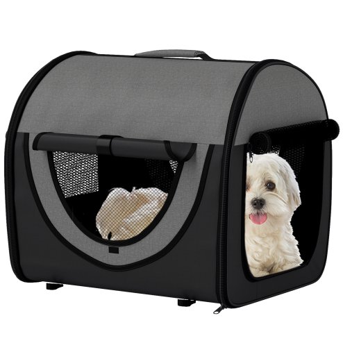 PawHut Foldable Pet Carrier for Miniature Dogs, Portable Cat Carrier Bag Soft Side Fabric Dog Crate with Removable Mat, Breathable Mesh, Ground Stakes, 46L x 36W x 41H cm - Black