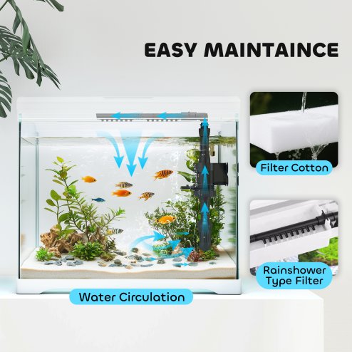 PawHut 17L Fish Tank, Glass Aquarium with Filter System, LED Light, Water Pump, Fish Tank Starter Kits for Betta, Goldfish, Shrimps, White