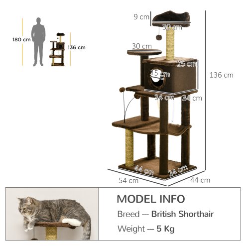 PawHut 136cm Cat Tree for Indoor Cats, Cat Tower with Scratching Posts, Hammock, Toy Ball, Cat House, Platforms - Brown