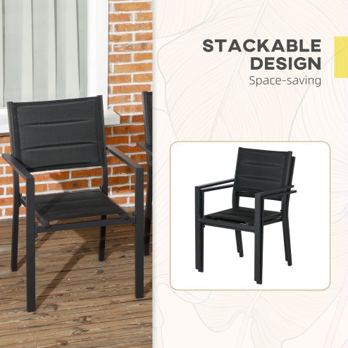 Outsunny 2 Pieces Garden Dining Chairs, Aluminium Outdoor Armchair for 2 with Breathable Mesh Fabric, Stackable Design, Black