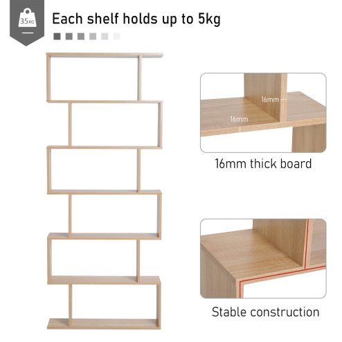 HOMCOM Bookcase, 6 Tier Shelf S Shaped Bookshelf, Storage Unit, Display Shelf for Living Room, Bedroom, Home Office, Plant