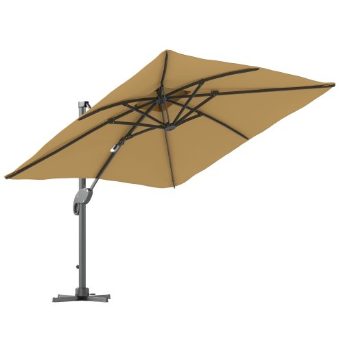 Outsunny 3 x 3 m Cantilever Parasol with Hydraulic Opening, Heavy Duty Aluminium Hanging Garden Parasol, Double Top Square Patio Umbrella with 360 Rotation, 8 Ribs, Cross Base, Khaki