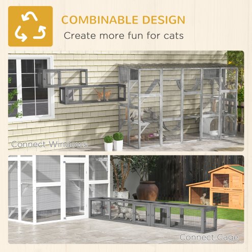PawHut Wooden Cat Tunnel, Cat Play Tunnel 250cm Extra Long, with Eight Doors, L-Shape/Rectangle, for Cat, Rabbit, Puppy, Dark Grey
