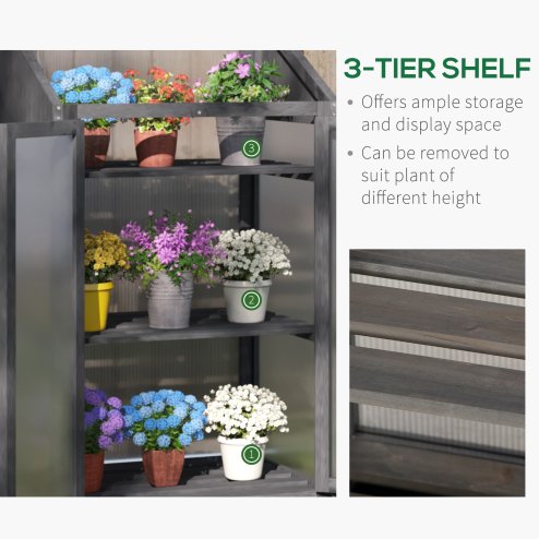 Outsunny Wooden Cold Frame Polycarbonate Greenhouse with Openable Top Cover and Double Door, Grow House for Flower, Vegetable and Plants, 70 x 50 x 120cm, Grey