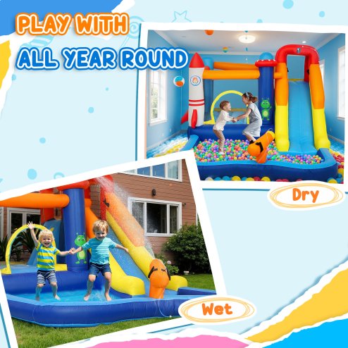 AIYAPLAY Bouncy Castle for Children with Water Slide, Splashing Pool, Water Gun, Jumping Area, 5 in 1 Inflatable Bounce House with 550W High Power Blower, for Outdoor Indoor, 360 x 250 x 195 cm