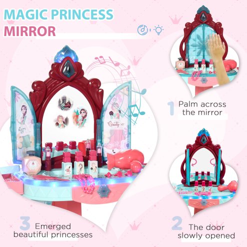 AIYAPLAY 31 Pieces Kids Dressing Table Set with Magical Princess Mirror, Music Lights, Makeup Accessories, Hair Dryer, Chair, Drawer for Ages 3-6 Years