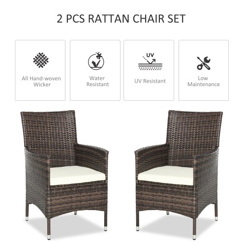 Outsunny 2 Pieces Outdoor PE Rattan Dining Chairs Set with Cushion, Garden Armchair with Armrests, High Backrest, Metal Frame Patio Wicker Furniture, Mixed Brown