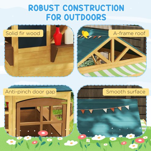 AIYAPLAY Wooden Playhouse for Kids Outdoor, Foldable Wendy House with Windows, Working Door, Service Stations, Rain Covers, Blackboards, Kids Garden Toys for 3-8 Years