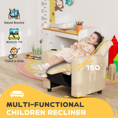 HOMCOM Kids Recliner, PU Leather Kids Armchair, Child Chair, Toddler Armchair with Adjustable Backrest, Footrest, Padded Headrest, Cup Holder, Beige