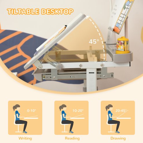 HOMCOM Kids Desk and Chair Set, Height Adjustable Study Desk with USB Lamp, Storage Drawer for Study, Grey and White