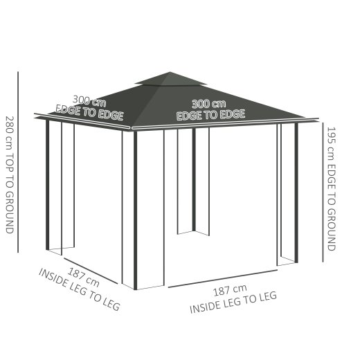 Outsunny 3(m) x 3(m) Garden Gazebo, Double Roof Outdoor Gazebo Canopy Shelter with Netting, Solid Steel Frame, for Garden, Lawn and Deck, Light Grey