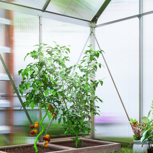 Outsunny Polycarbonate Greenhouse, Small Greenhouse with Adjustable Roof Vent, Garden Green House with Galvanised Base, Sliding Door and Rain Gutter,  192.5 x 131 x 200 cm, Silver Tone