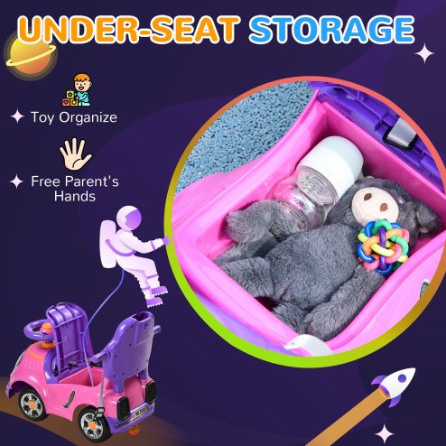 AIYAPLAY 3 in 1 Ride on Push Car, Cartoon Robot Theme Foot to Floor Slider, Baby Push Along Car with Parent Handle, Light Music Horn, Underneath Storage, for Boys Girls 12-36 Months - Pink
