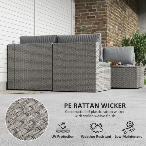 Outsunny 7 Pieces Rattan Garden Furniture Set, 6 Seater Garden Corner Sofa with Wide Seat, Cushions and Glass Top Table, Sectional Outdoor Furniture Conservatory Set for Patio, Grey