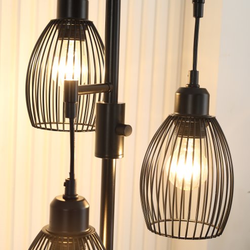 HOMCOM 3-Light Floor Lamp, 170cm Industrial Dimmable Standing Lamp with Steel Wire Cage Lampshades for Living Room, Bedroom, Dining Room, Study, Black