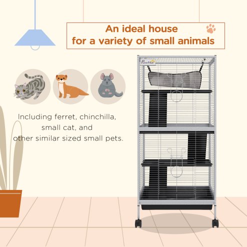 PawHut Small Animal Cage with Wheels Pet Home for Chinchillas Ferrets Kittens, with Hammock, 4 Platforms, Removable Tray, Light Grey