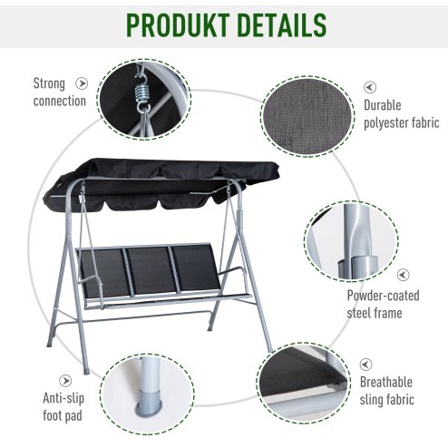 Outsunny 3 Seater Swing Chair, Garden Swing Bench with Adjustable Tilting Canopy, Breathable Mesh Seat and Heavy Duty Metal Frame for Patio, Yard, Black