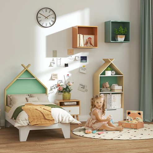 AIYAPLAY Toddler Bed Frame, Kids Bedroom Furniture, Treehouse Style Single Bed Frame with Safety Guardrails, 144L x 74W x 110Hcm, for Ages 3-8 Years, Green