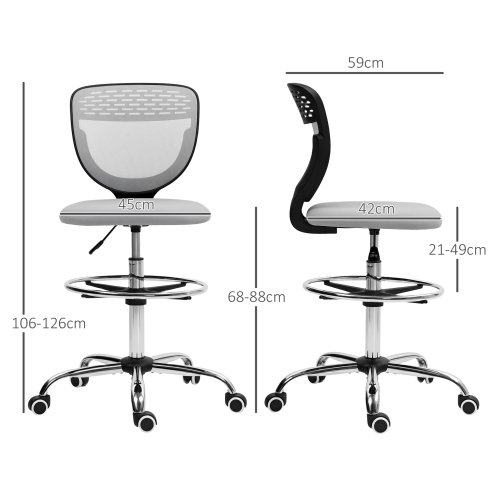 Vinsetto Drafting Chair, Swivel Office Draughtsman Chair, Mesh Standing Desk Chair with Adjustable Foot Ring, Armless, Light Grey