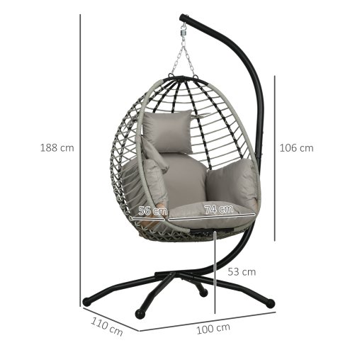 Outsunny Outdoor Swing Chair with Thick Padded Cushion, Patio Hanging Egg Chair with Metal Stand, Foldable Basket, Cup Holder, Rope Structure for Indoor & Outdoor, Grey