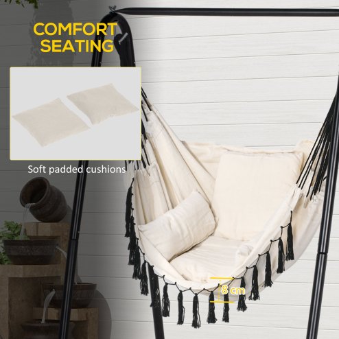 Outsunny Patio Hammock Chair with Stand, Outdoor Hammock Swing Hanging Rope Chair with Cushion, Armrest, Hooks, Cream White