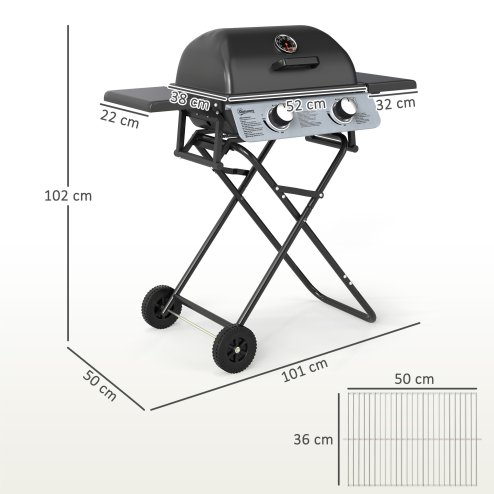 Outsunny Foldable Gas BBQ with Side Tables, 2 Burner Portable Gas Barbecue Grill with Thermometer Lid Grease Tray Wheels, Folding Trolley for Garden Party Camping Picnic Outdoor Cooking, 5.6KW, Black