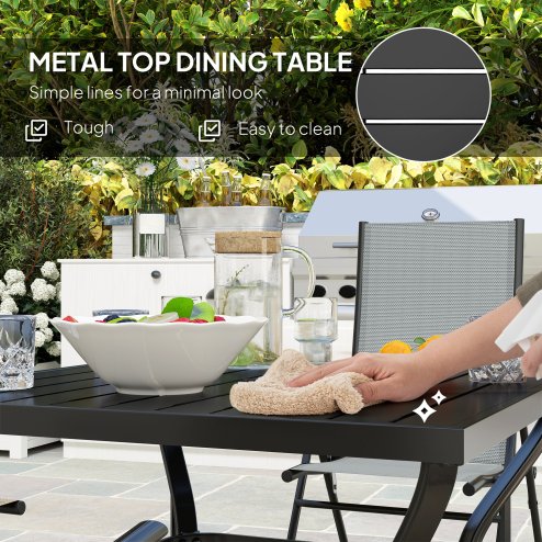Outsunny 5 Pieces Garden Dining Set, 4 Seater Garden Furniture Set with Parasol Hole, Outdoor Dining Set with High Back Folding Chairs and Square Metal Top Table for Outdoor Patio, Grey