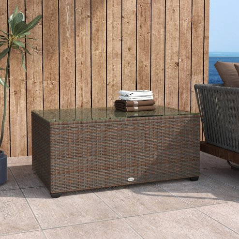 Outsunny Outdoor Coffee Table, PE Rattan Side Table with Tempered Glass Top, Wicker Rectangular Garden Coffee Table End Table with Steel Frame for Patio, Balcony, 90 x 50 x 38cm, Brown