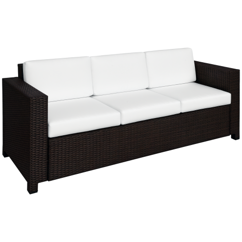 Outsunny 3 Seater Rattan Sofa with 10 cm Thick Padded Cushion, All-Weather PE Wicker Weave Garden Three-seater Bench with Armrests, Brown Image
